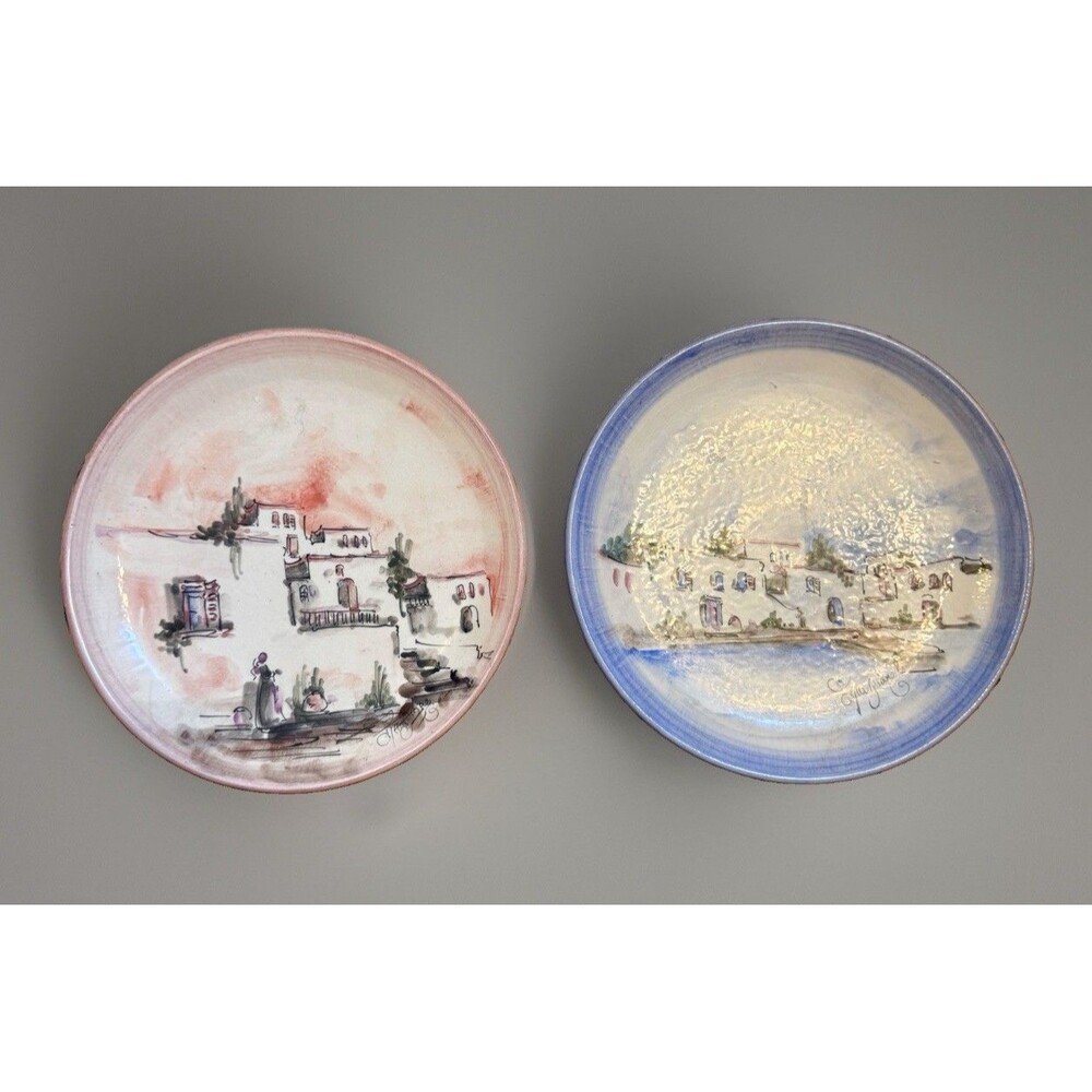 Vintage Hand Painted Wall Plates Set Mediterranean Style Signed Artisan Made VG